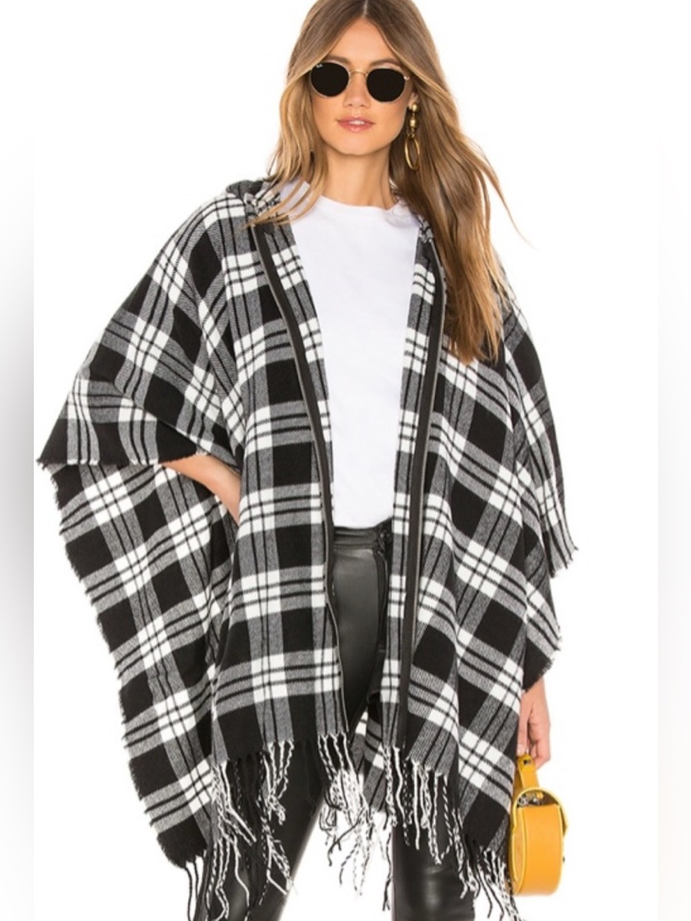 Michael Stars Revolve Black & White Plaid Hooded Zip-Up Poncho One Size